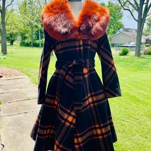 Vintage 1960s Lilli Ann Plaid Wool Fox Fur Coat Black Orange